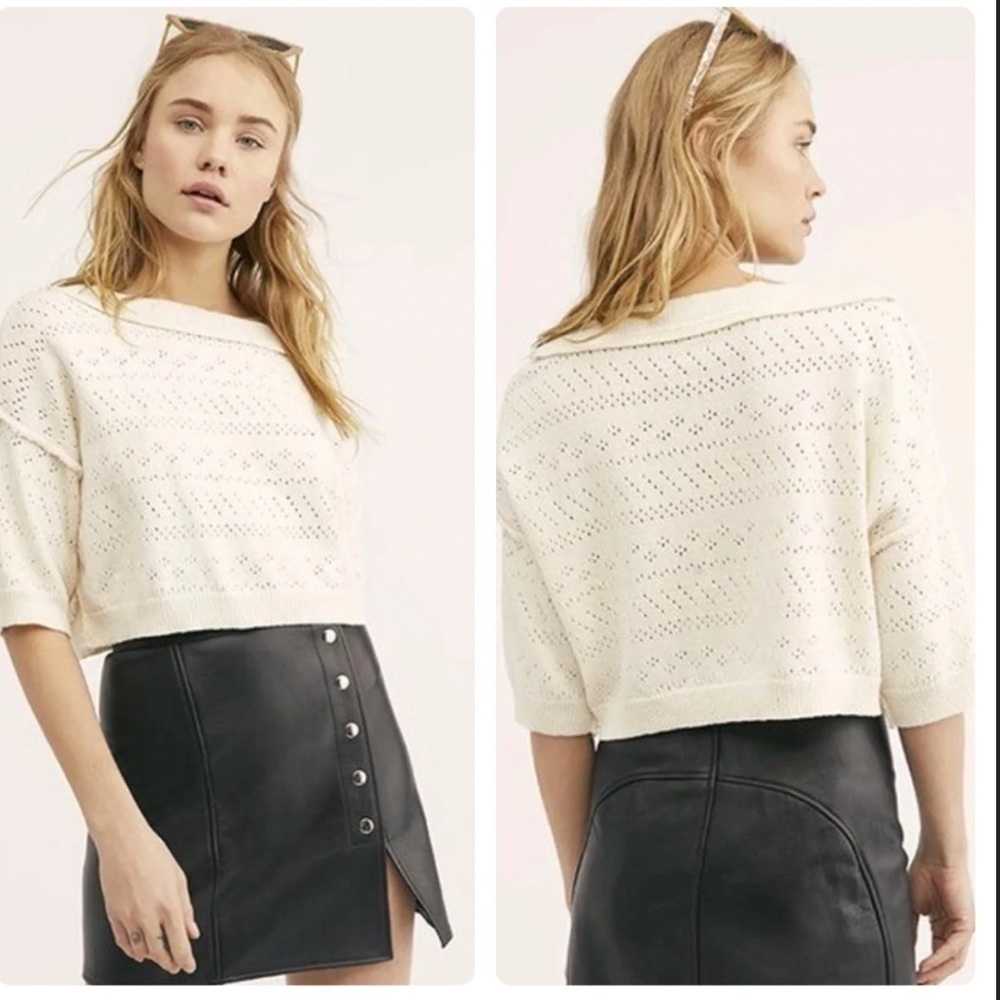 Free People Sand Castle Pointelle Cropped Boxy Knit Sweater